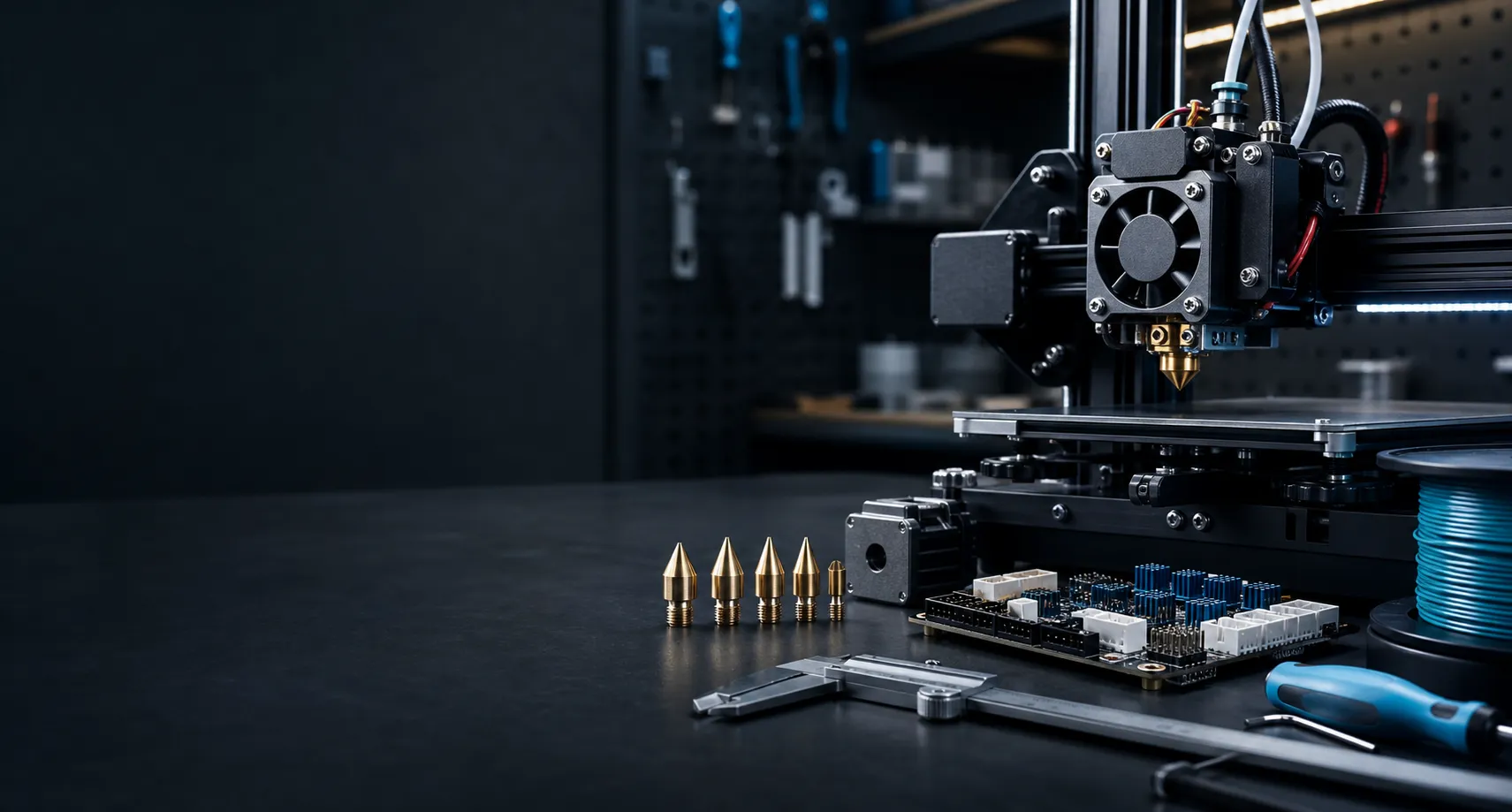 Precision 3D Printer hardware laid out on an engineering workbench